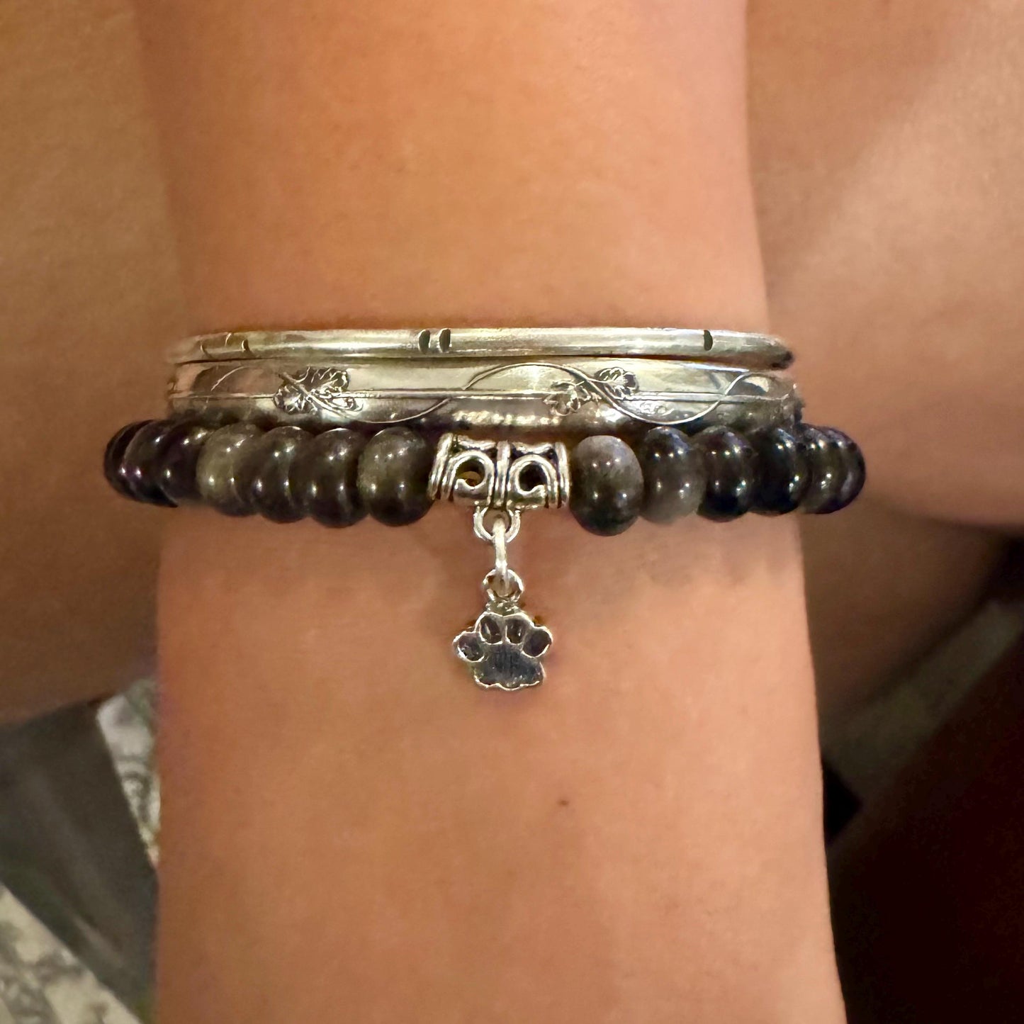 Stretch Obsidian Gemstone Bracelet with Sterling Silver Paw Print Charm, Stretch Bracelet, Pet Lover's Jewelry, Handmade Gift
