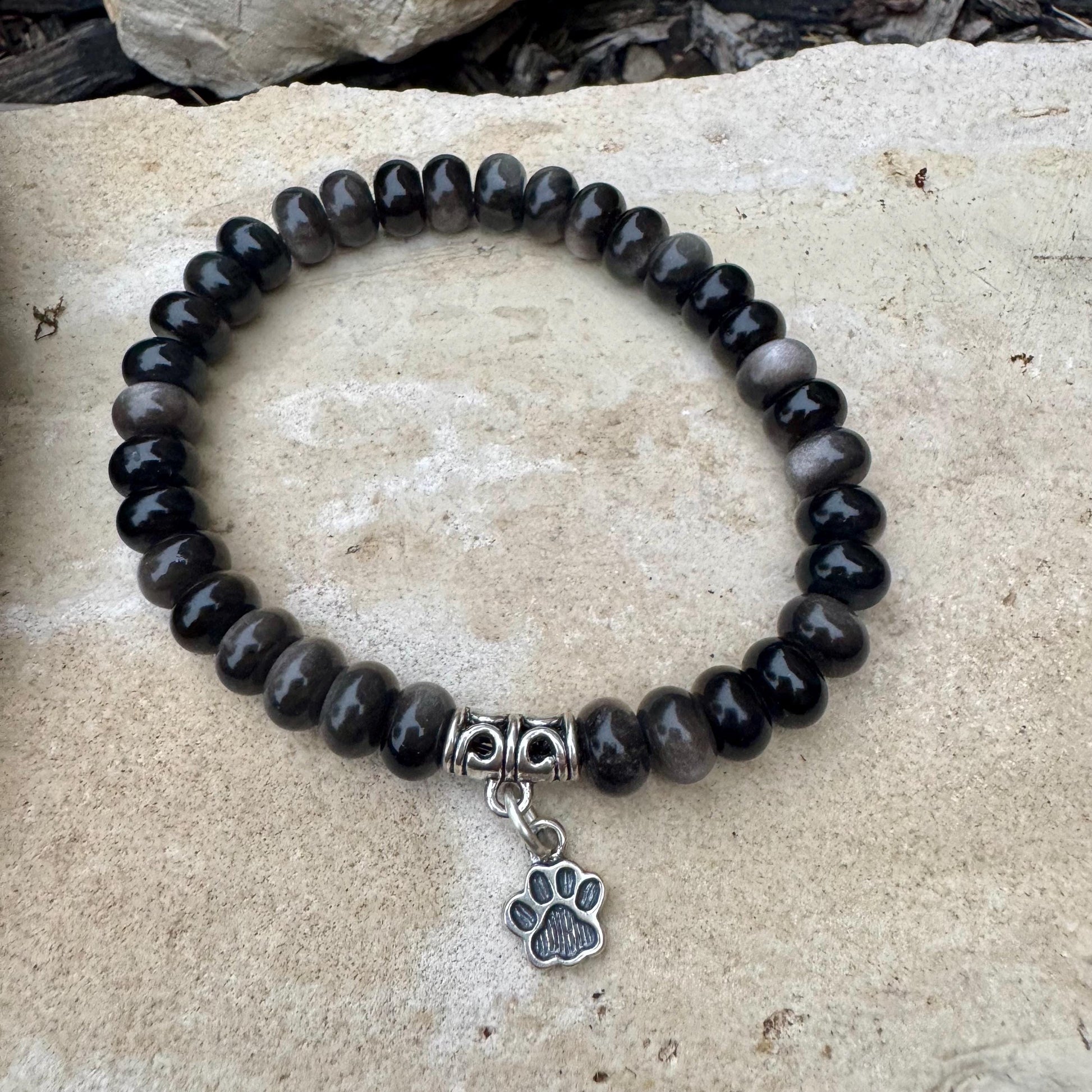 Stretch Obsidian Gemstone Bracelet with Sterling Silver Paw Print Charm, Stretch Bracelet, Pet Lover's Jewelry, Handmade Gift
