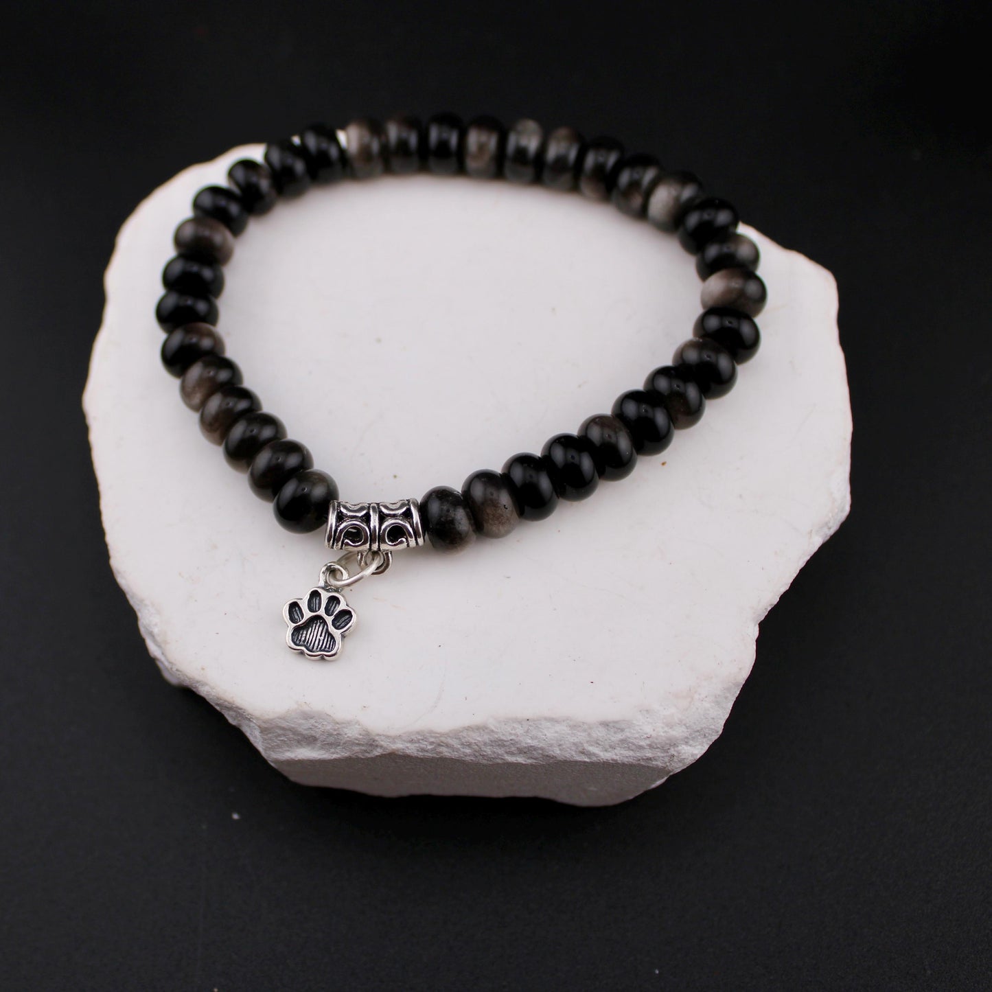 Stretch Obsidian Gemstone Bracelet with Sterling Silver Paw Print Charm, Stretch Bracelet, Pet Lover's Jewelry, Handmade Gift