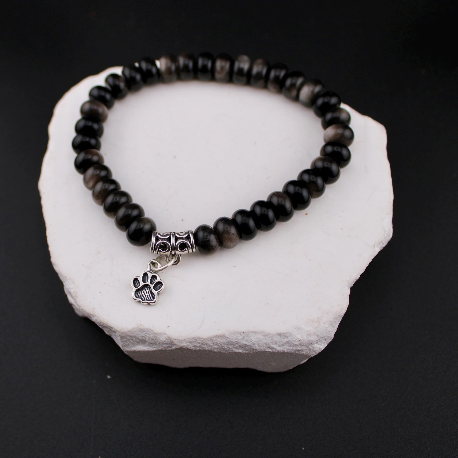 Stretch Obsidian Gemstone Bracelet with Sterling Silver Paw Print Charm, Stretch Bracelet, Pet Lover's Jewelry, Handmade Gift