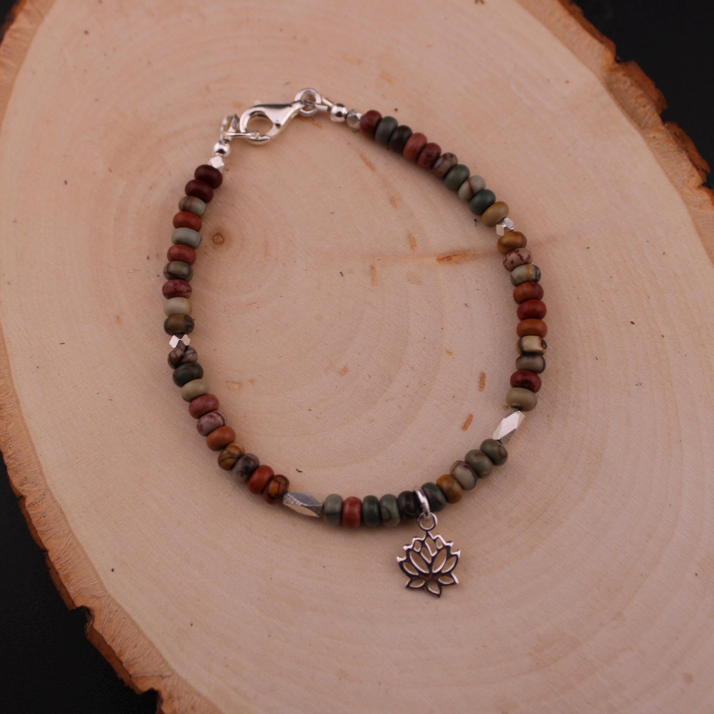Sterling Silver Red Creek Picasso Jasper Gemstone Bracelet with Lotus Flower Charm, Sterling Silver Beaded Charm Bracelet