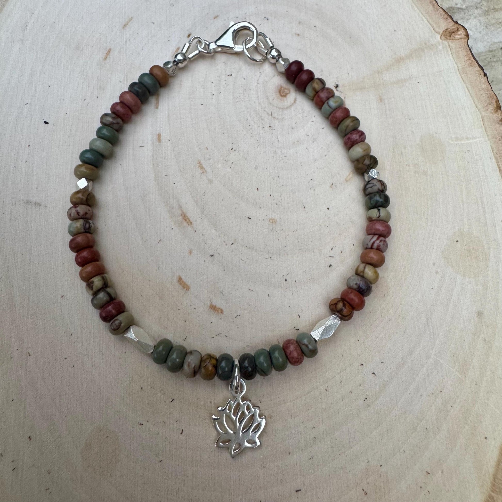 Sterling Silver Red Creek Picasso Jasper Gemstone Bracelet with Lotus Flower Charm, Sterling Silver Beaded Charm Bracelet