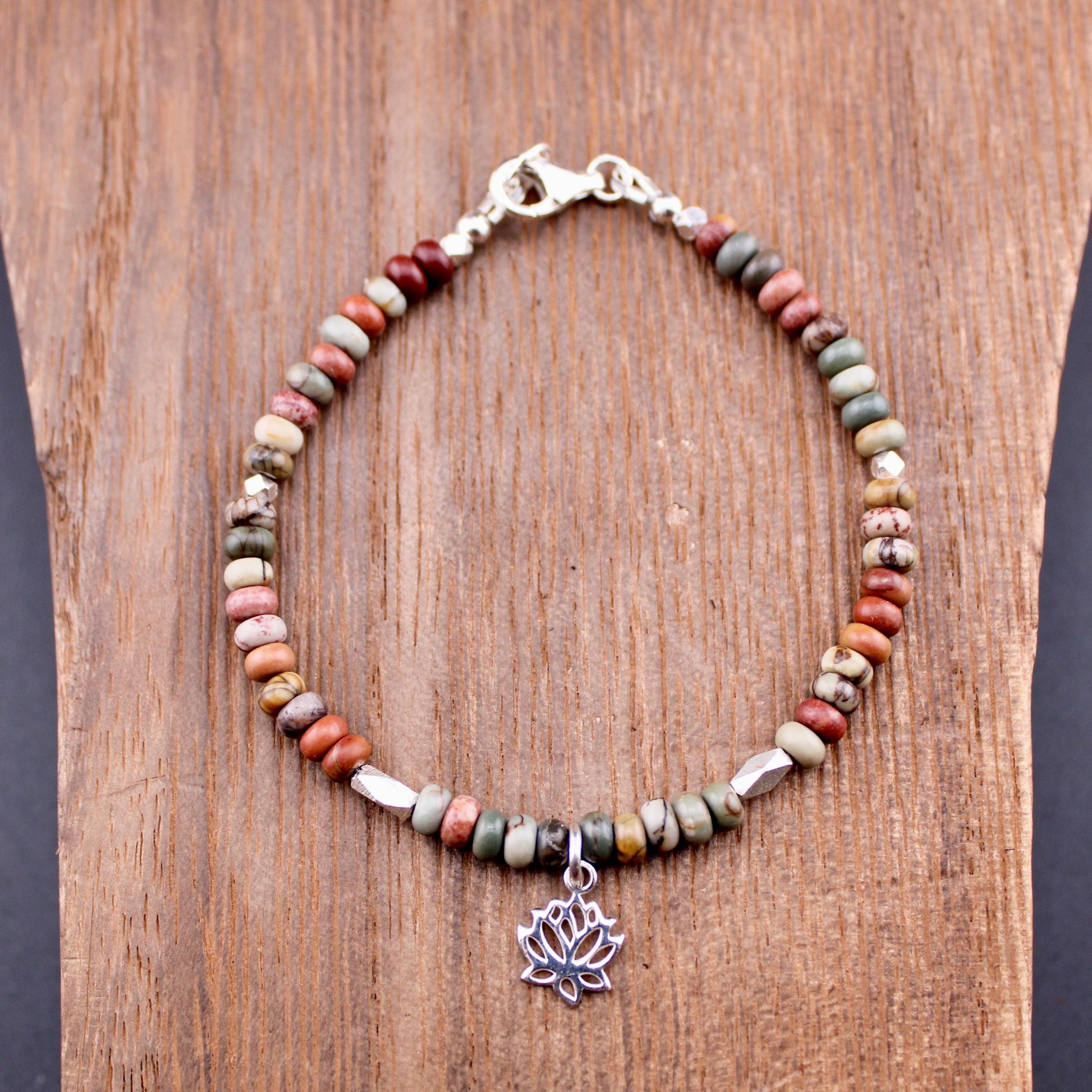 Sterling Silver Red Creek Picasso Jasper Gemstone Bracelet with Lotus Flower Charm, Sterling Silver Beaded Charm Bracelet