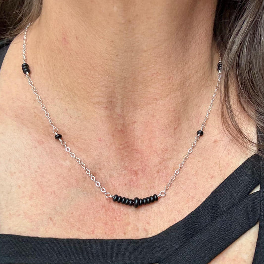 Sterling Silver Cable Chain with Black Onyx Bar Gemstone Spacer Necklace, Onyx Jewelry, Unique Gemstone Beaded Chain Necklace