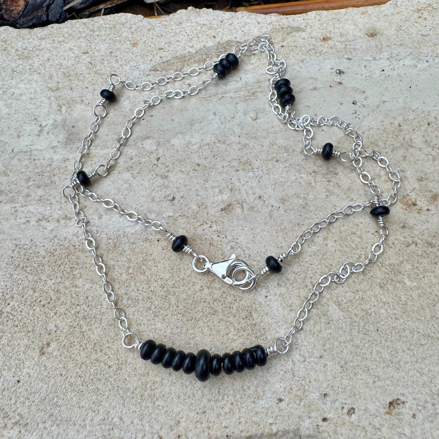 Sterling Silver Cable Chain with Black Onyx Bar Gemstone Spacer Necklace, Onyx Jewelry, Unique Gemstone Beaded Chain Necklace