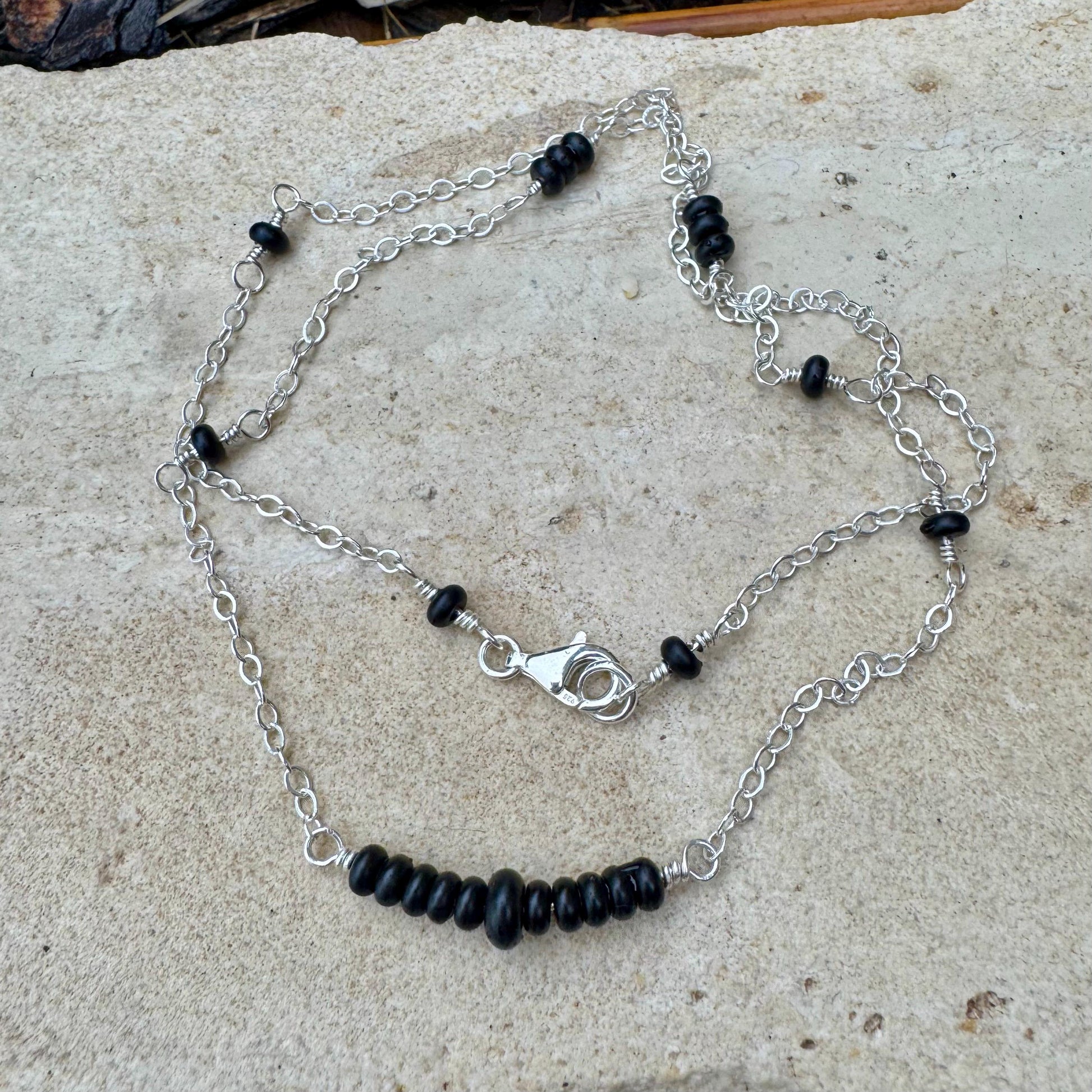 Sterling Silver Cable Chain with Black Onyx Bar Gemstone Spacer Necklace, Onyx Jewelry, Unique Gemstone Beaded Chain Necklace