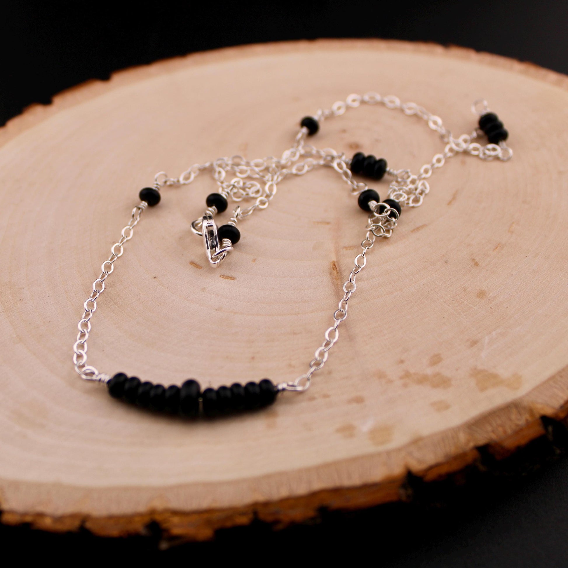 Sterling Silver Cable Chain with Black Onyx Bar Gemstone Spacer Necklace, Onyx Jewelry, Unique Gemstone Beaded Chain Necklace