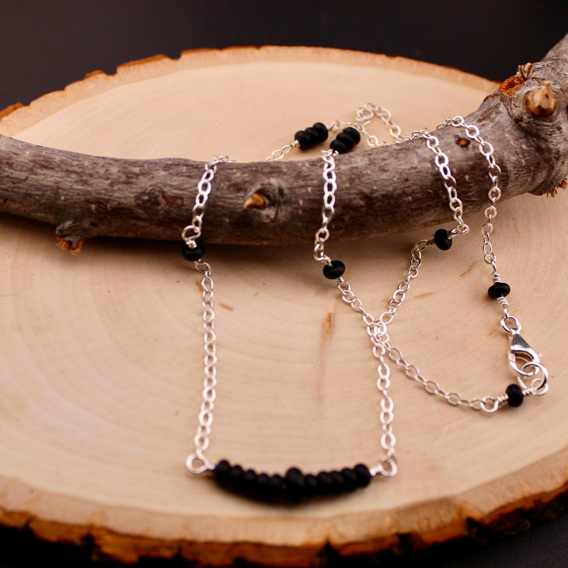 Sterling Silver Cable Chain with Black Onyx Bar Gemstone Spacer Necklace, Onyx Jewelry, Unique Gemstone Beaded Chain Necklace
