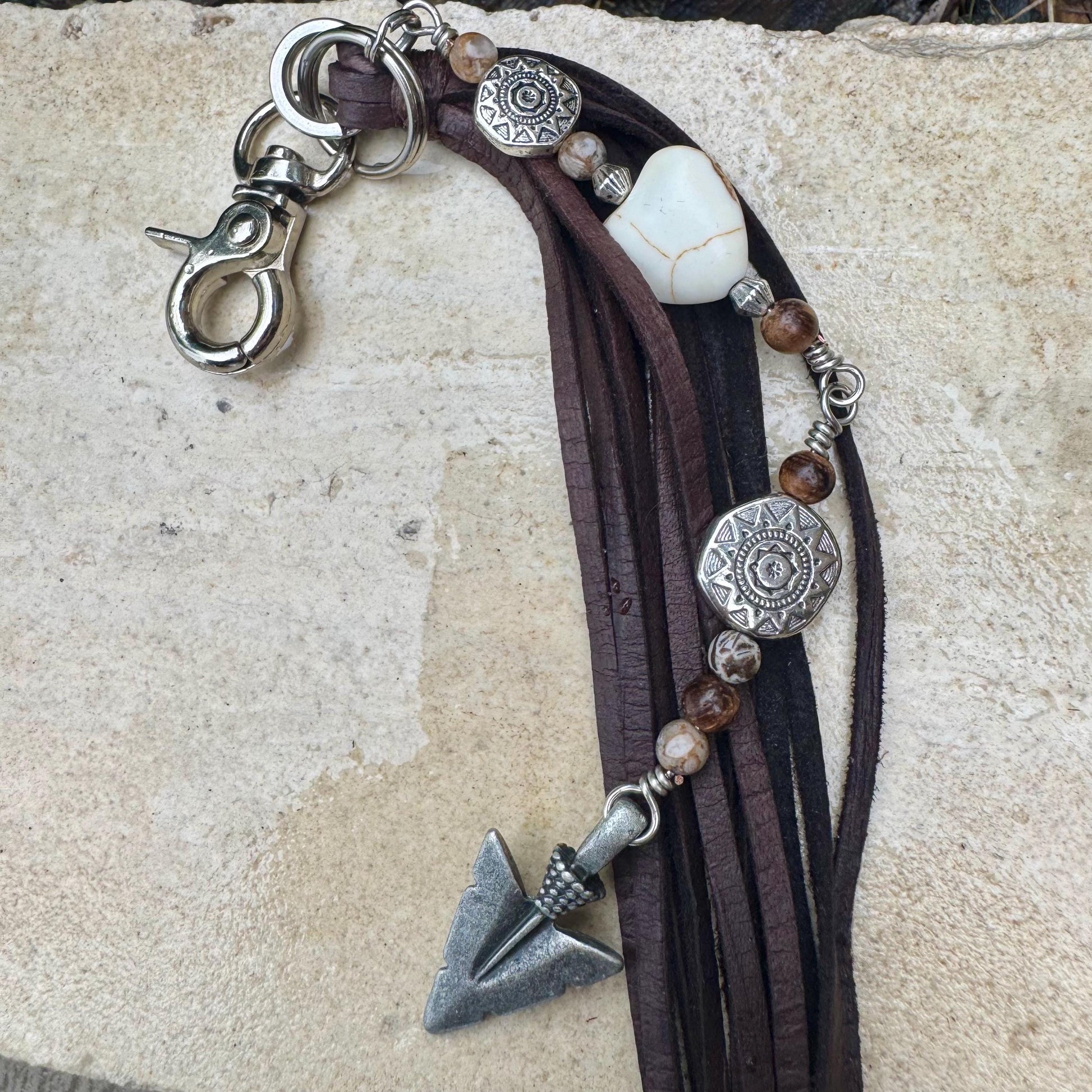 Tribal Sun Charm, White Turquoise Magnesite Heart Leather Purse Tassel, Southwestern Tassel, Heart Keychain, Leather Handbag Accessory