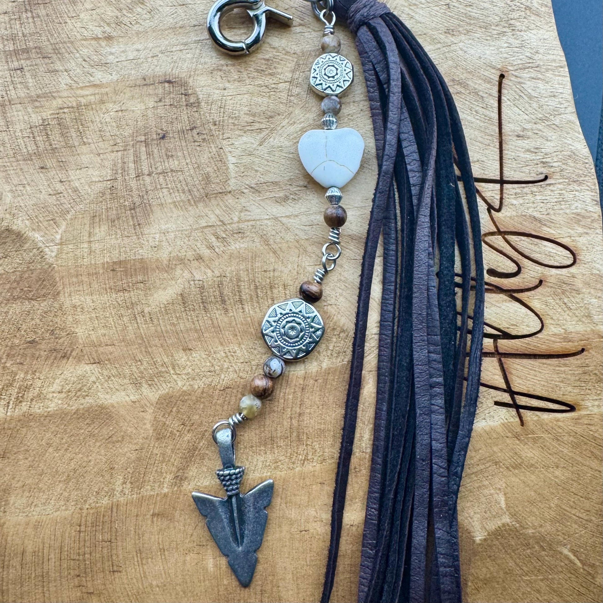 Tribal Sun Charm, White Turquoise Magnesite Heart Leather Purse Tassel, Southwestern Tassel, Heart Keychain, Leather Handbag Accessory
