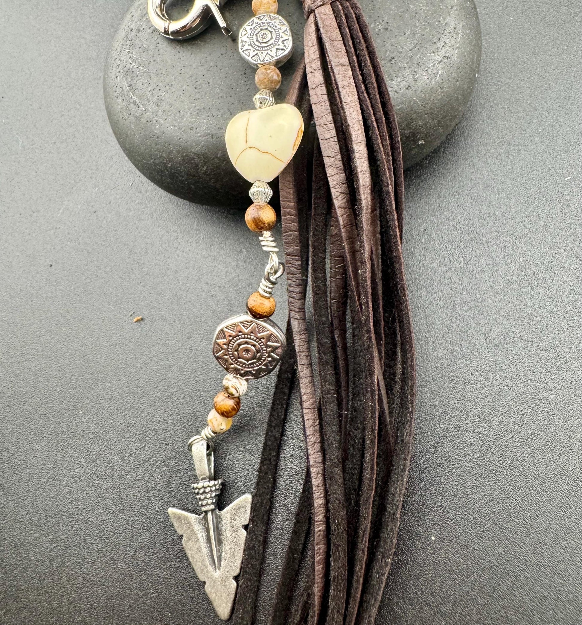 Tribal Sun Charm, White Turquoise Magnesite Heart Leather Purse Tassel, Southwestern Tassel, Heart Keychain, Leather Handbag Accessory