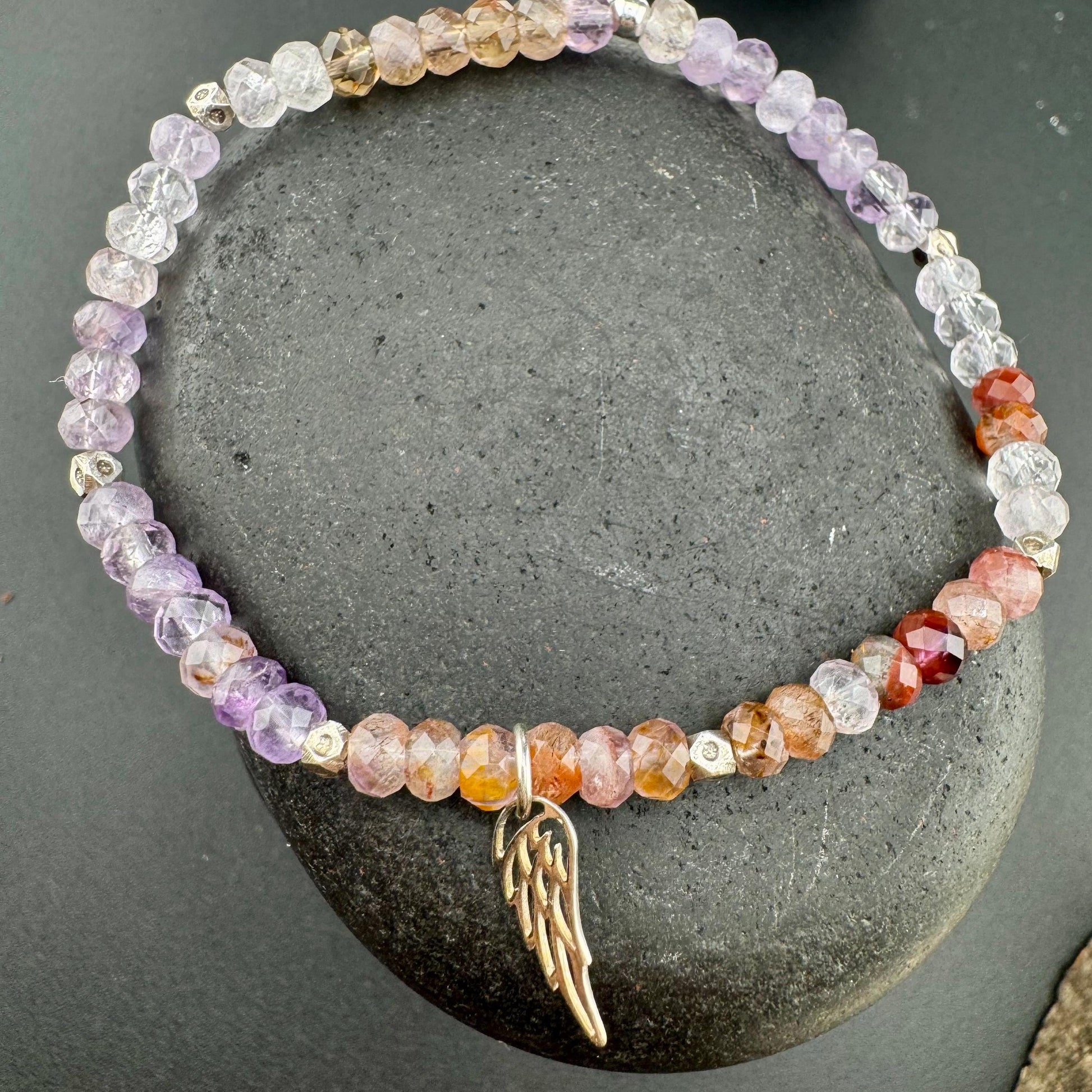 Stretch Auralite 23 Bracelet with Angel Wing Sterling Silver Charm, Cacoxenite Gemstone Bracelet, Rare Beaded Gemstone Bracelet Jewelry