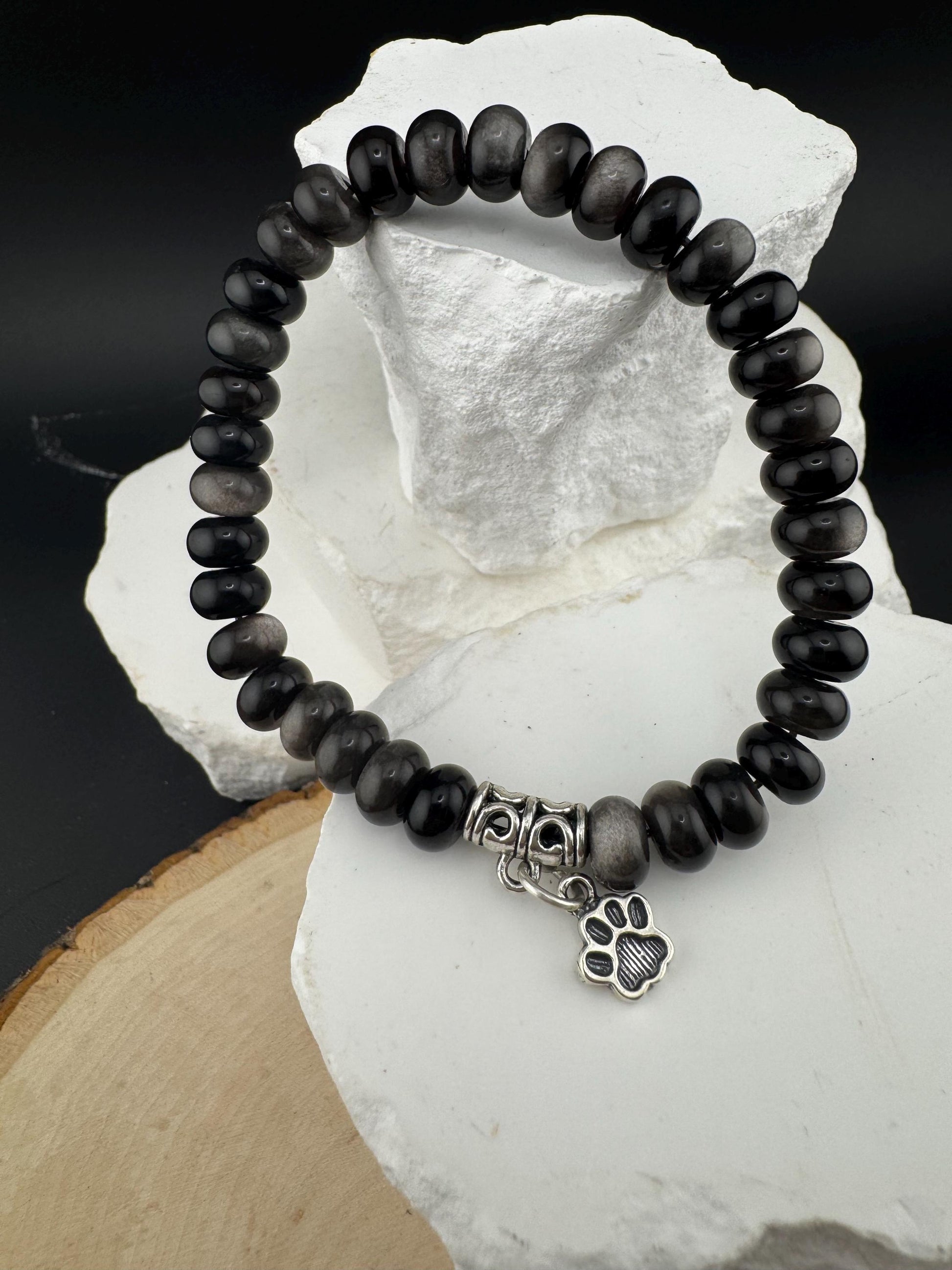 Stretch Obsidian Gemstone Bracelet with Sterling Silver Paw Print Charm, Stretch Bracelet, Pet Lover's Jewelry, Handmade Gift