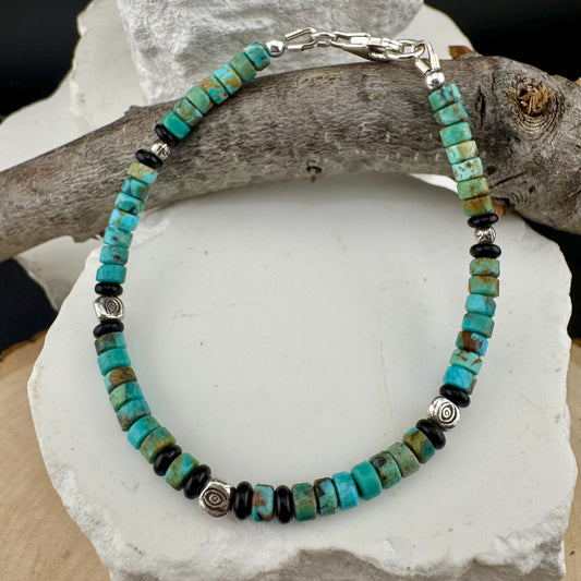 Turquoise and Black Onyx Sterling Silver Bracelet, Evil Eye Beaded Bracelet, Sterling Jewelry, Gemstone Bracelet, Turquoise Jewelry