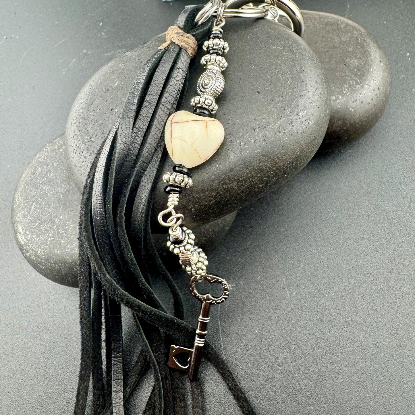 Key Charm Leather Purse Tassel with White Turquoise & Black Onyx, Whimsical Handbag Accessory, Western Accessory