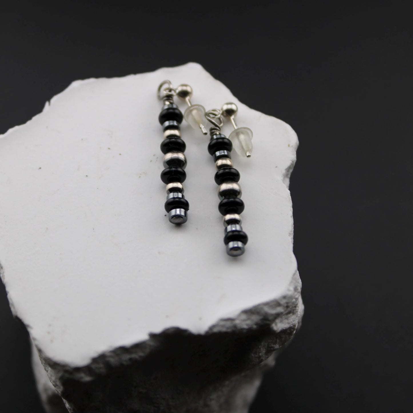 Hematite Onyx Drop Earrings, Navajo Pearl Classic Elegant Style Earrings