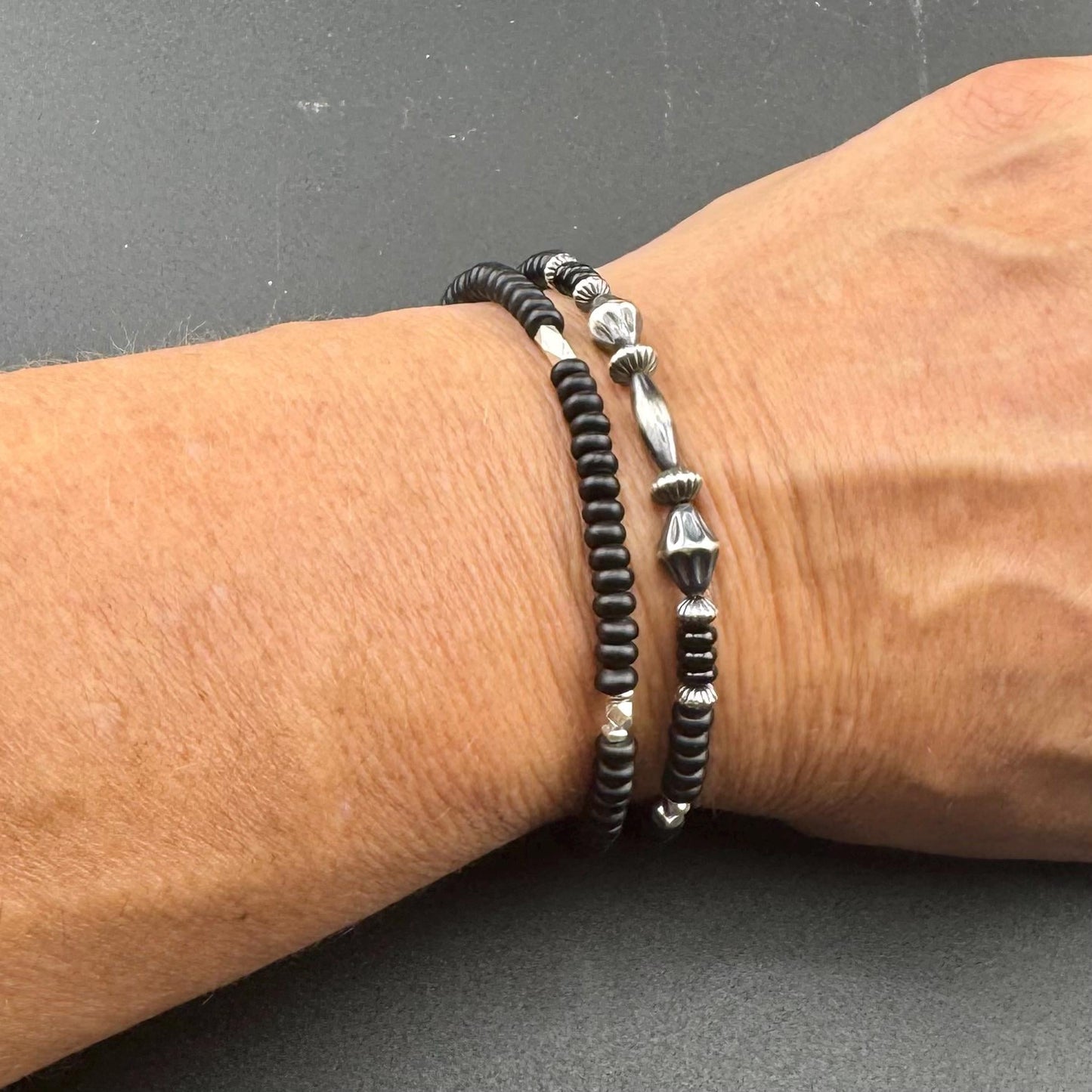 Black Onyx Navajo Pearl Double Wrap Bracelet, Sterling Silver Bracelet, Southwest Jewelry, Western Jewelry, Layered Bracelet