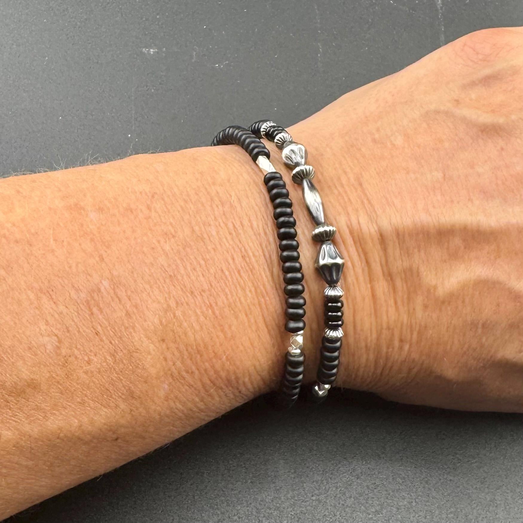 Black Onyx Navajo Pearl Double Wrap Bracelet, Sterling Silver Bracelet, Southwest Jewelry, Western Jewelry, Layered Bracelet