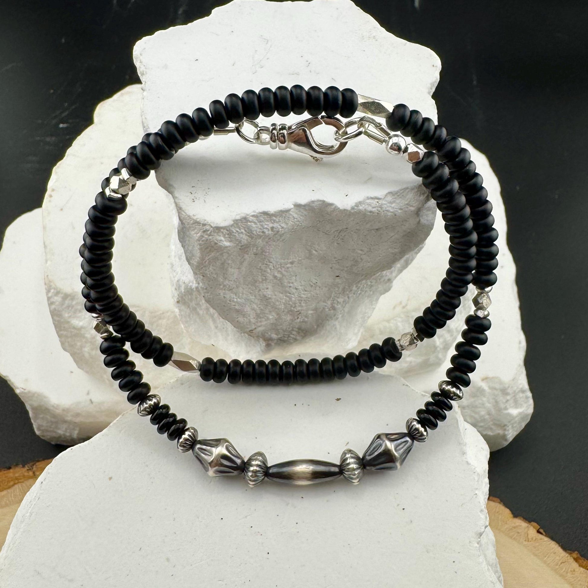 Black Onyx Navajo Pearl Double Wrap Bracelet, Sterling Silver Bracelet, Southwest Jewelry, Western Jewelry, Layered Bracelet