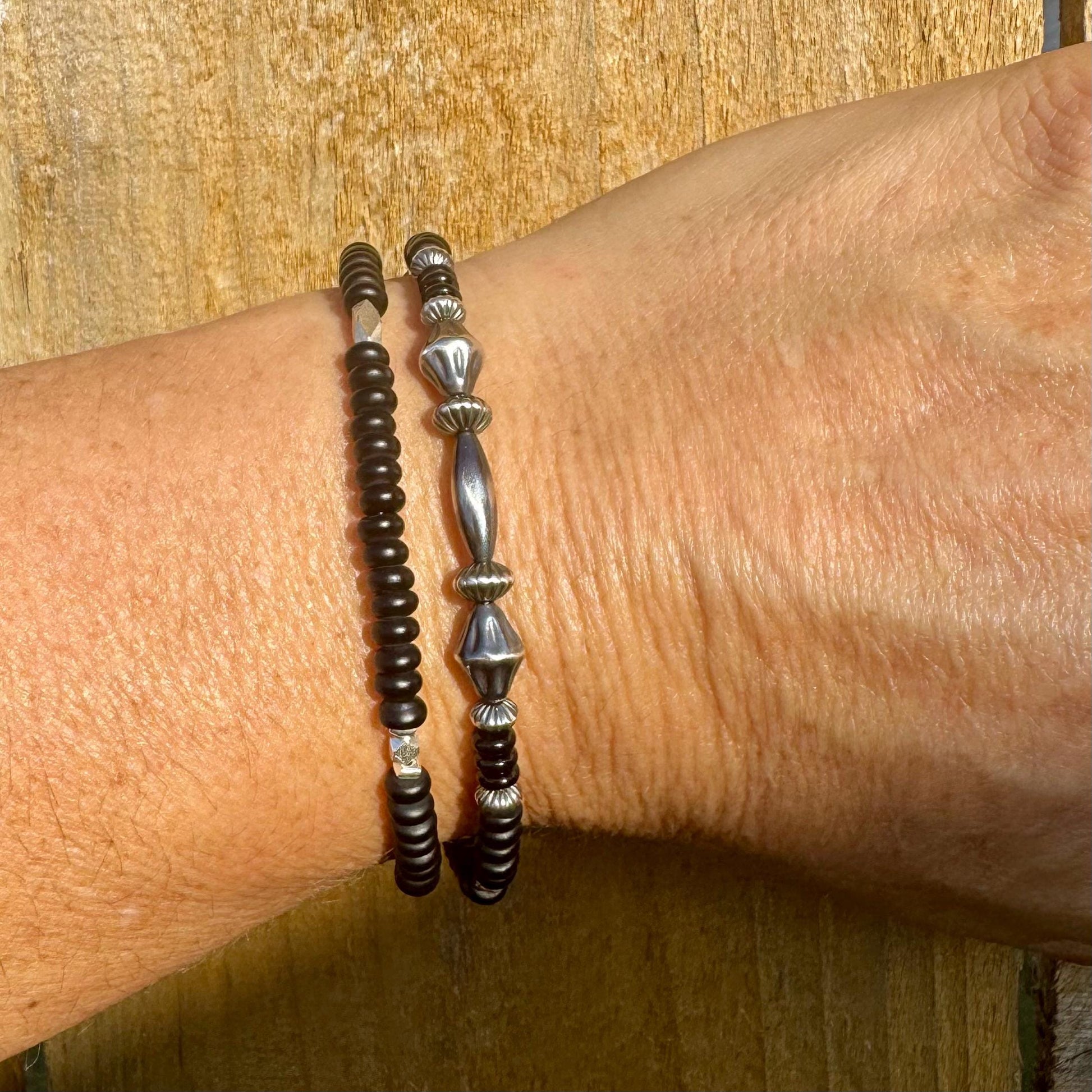 Black Onyx Navajo Pearl Double Wrap Bracelet, Sterling Silver Bracelet, Southwest Jewelry, Western Jewelry, Layered Bracelet