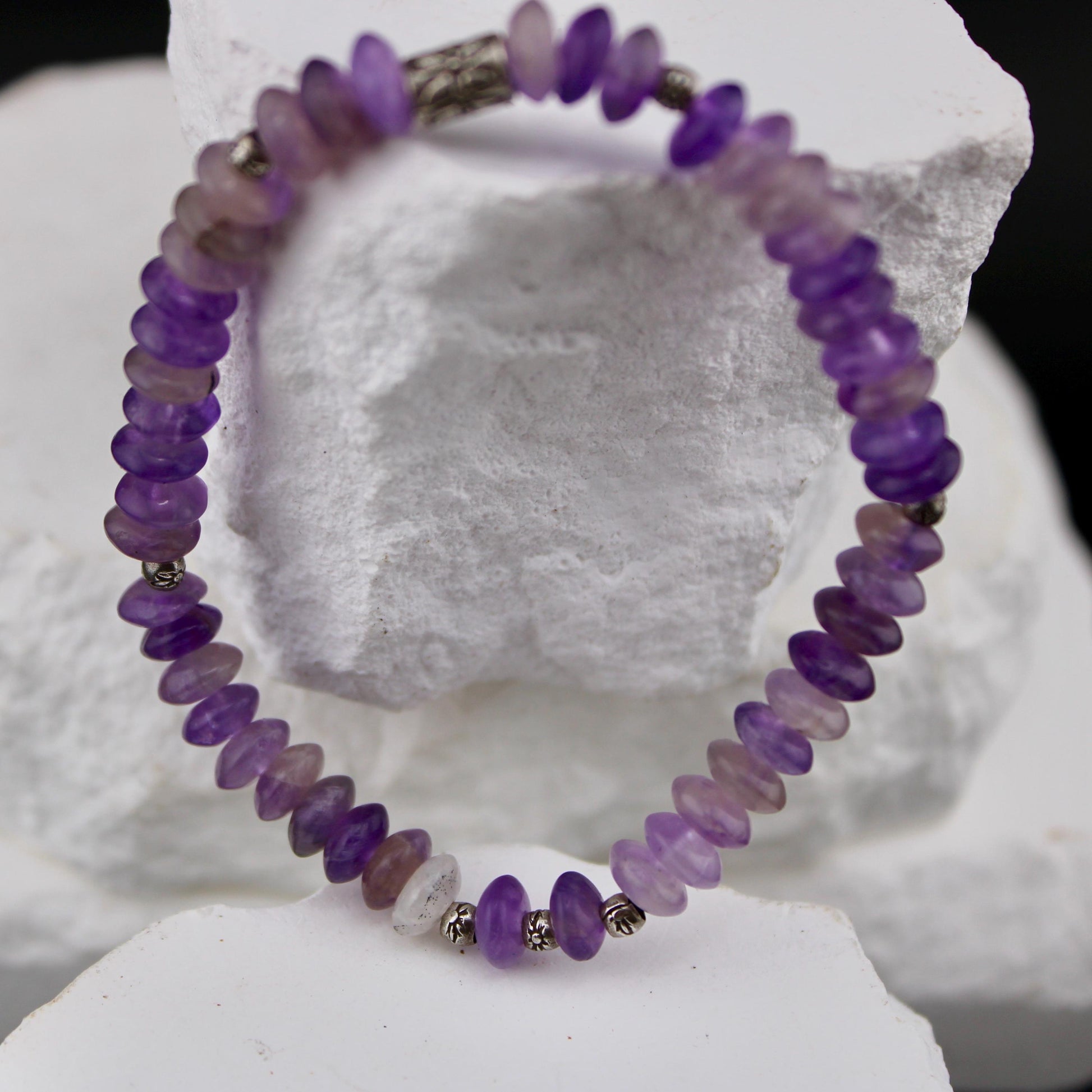 Stretch Amythyst Bracelet with Sterling Silver, Stretch Bracelet, Natural Gemstone Jewelry, Handmade Bracelet