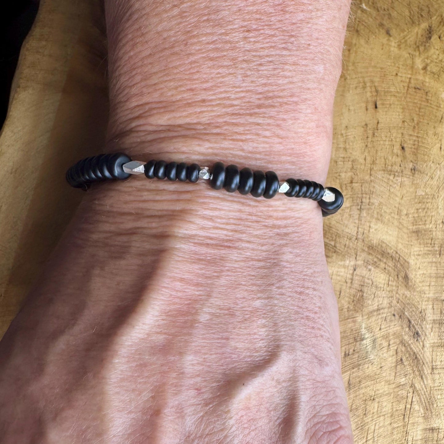 Stretch Onyx Bracelet with Sterling Silver, Stretch Bracelet, Natural Gemstone Jewelry, Handmade Bracelet