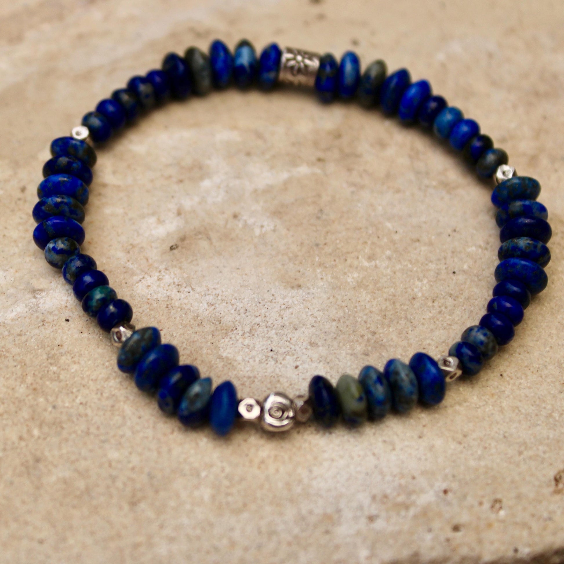 Stretch Lapis Bracelet with Sterling Silver Evil Eye Charm, Stretch Bracelet, Natural Gemstone Jewelry, Handmade Gift