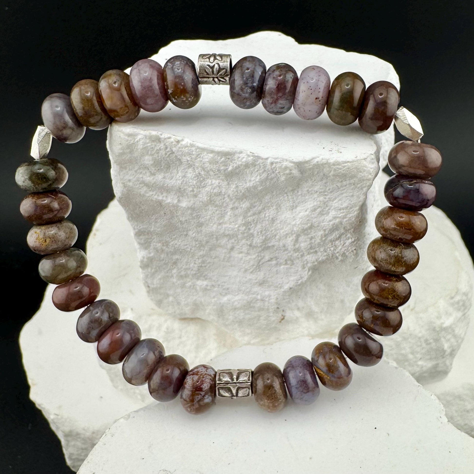 Stretch Seam Agate Gemstone Stretch Bracelet with Sterling Silver, Stretch Bracelet, Natural Gemstone Jewelry, Handmade Bracelet
