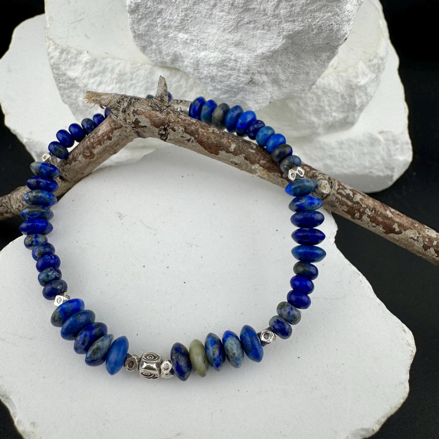 Stretch Lapis Bracelet with Sterling Silver Evil Eye Charm, Stretch Bracelet, Natural Gemstone Jewelry, Handmade Gift