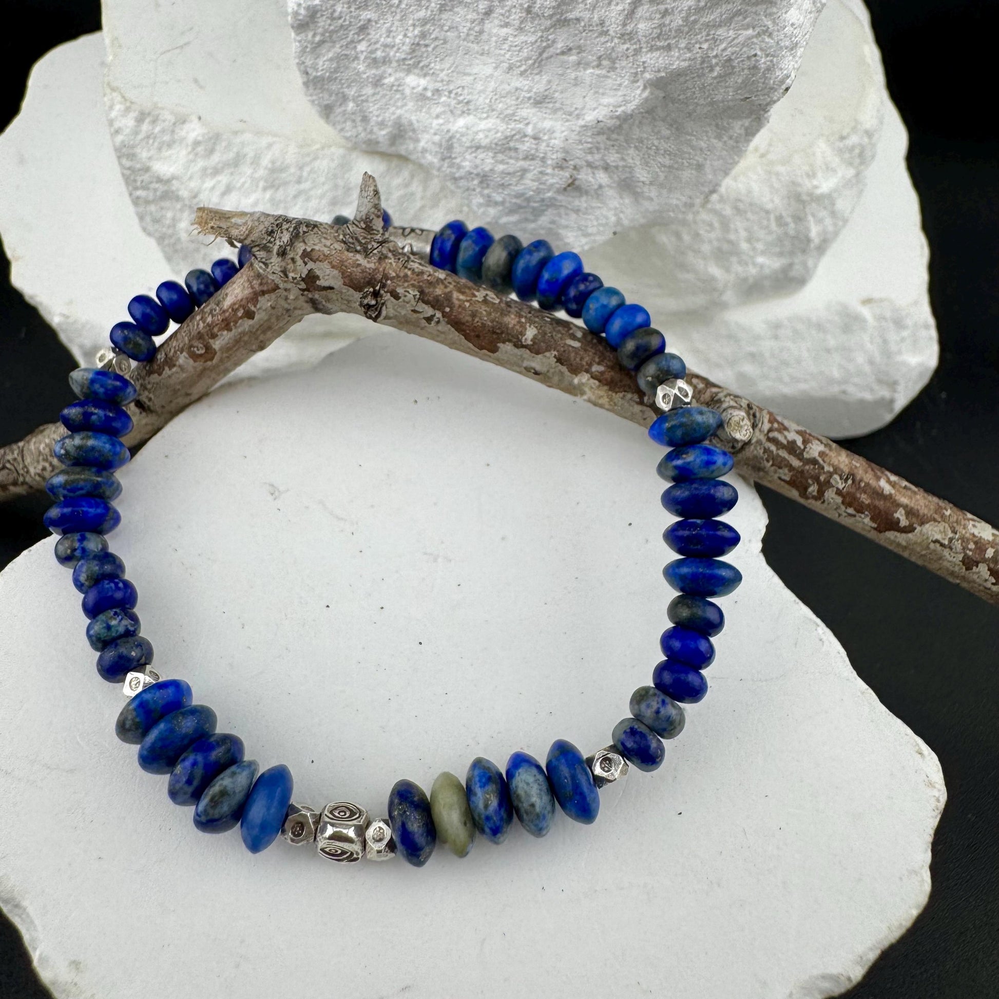 Stretch Lapis Bracelet with Sterling Silver Evil Eye Charm, Stretch Bracelet, Natural Gemstone Jewelry, Handmade Gift