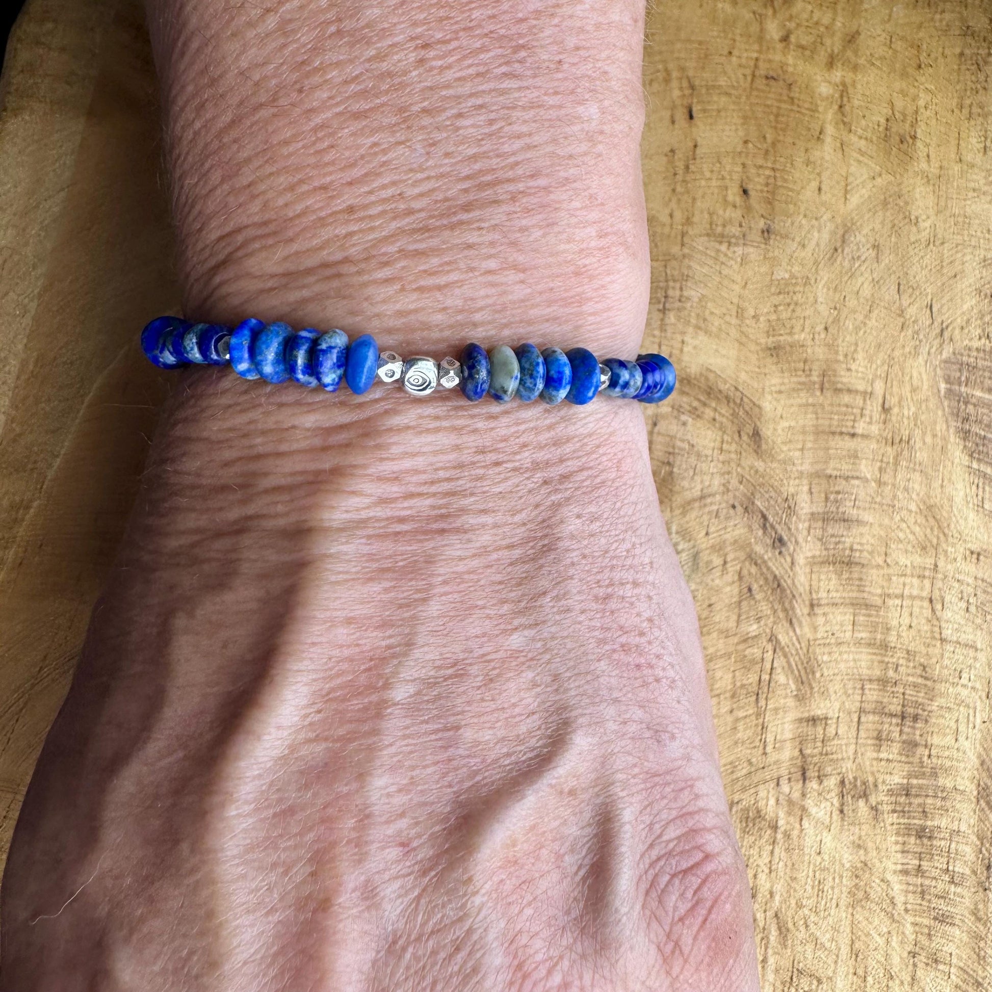 Stretch Lapis Bracelet with Sterling Silver Evil Eye Charm, Stretch Bracelet, Natural Gemstone Jewelry, Handmade Gift