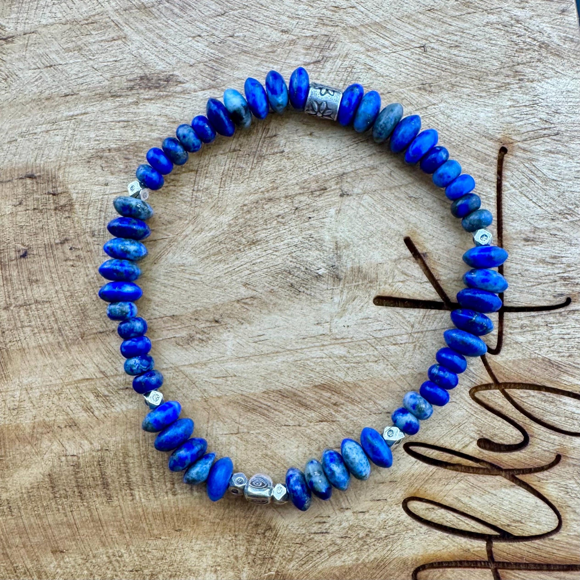 Stretch Lapis Bracelet with Sterling Silver Evil Eye Charm, Stretch Bracelet, Natural Gemstone Jewelry, Handmade Gift