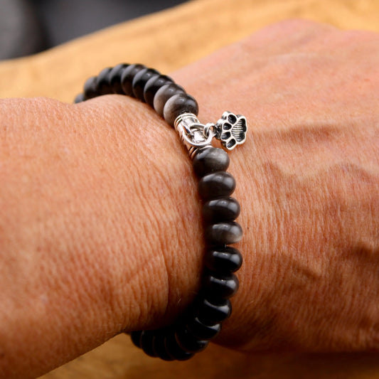 Obsidian Gemstone Stretch Bracelet: Sterling Silver Paw Print Charm