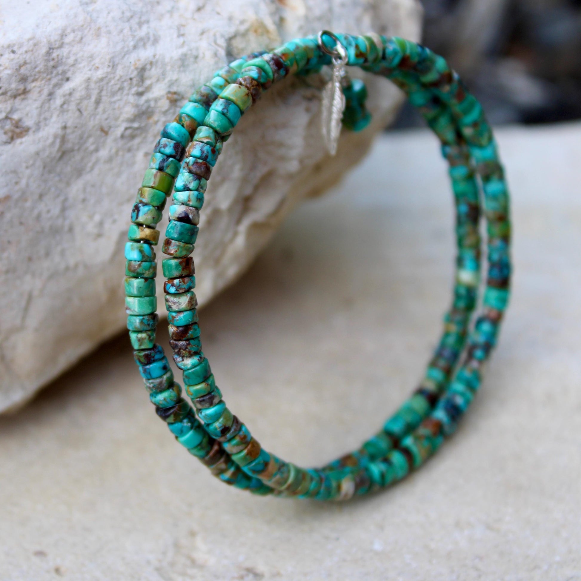 Turquoise Double Wrap Carbon Steel Memory Wire Bracelet, Sterling Feather Charm, Gemstone Jewelry, Stretch Bracelet