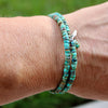 Turquoise Double Wrap Carbon Steel Memory Wire Bracelet, Sterling Feather Charm, Gemstone Jewelry, Stretch Bracelet