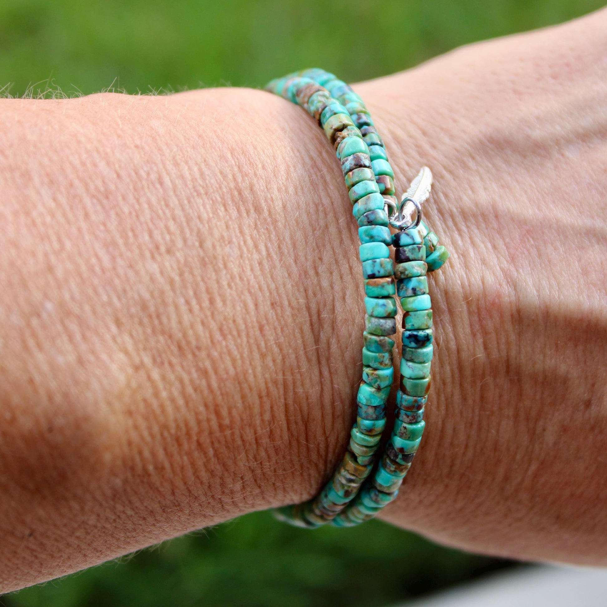Turquoise Double Wrap Carbon Steel Memory Wire Bracelet, Sterling Feather Charm, Gemstone Jewelry, Stretch Bracelet