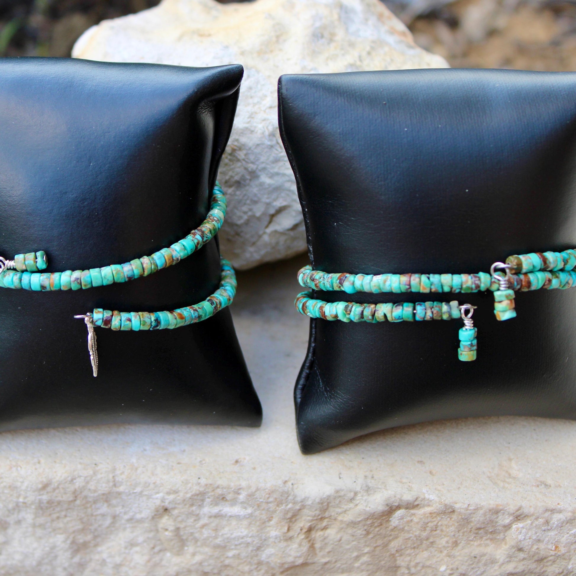 Turquoise Double Wrap Carbon Steel Memory Wire Bracelet, Sterling Feather Charm, Gemstone Jewelry, Stretch Bracelet