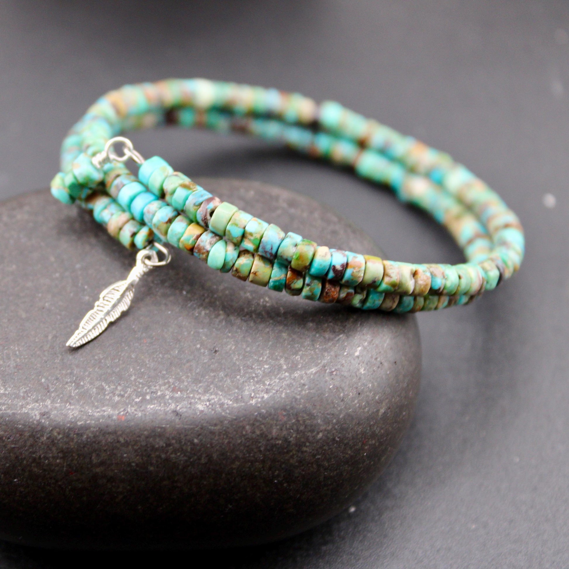 Turquoise Double Wrap Carbon Steel Memory Wire Bracelet, Sterling Feather Charm, Gemstone Jewelry, Stretch Bracelet