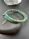 Turquoise Double Wrap Carbon Steel Memory Wire Bracelet, Sterling Feather Charm, Gemstone Jewelry, Stretch Bracelet
