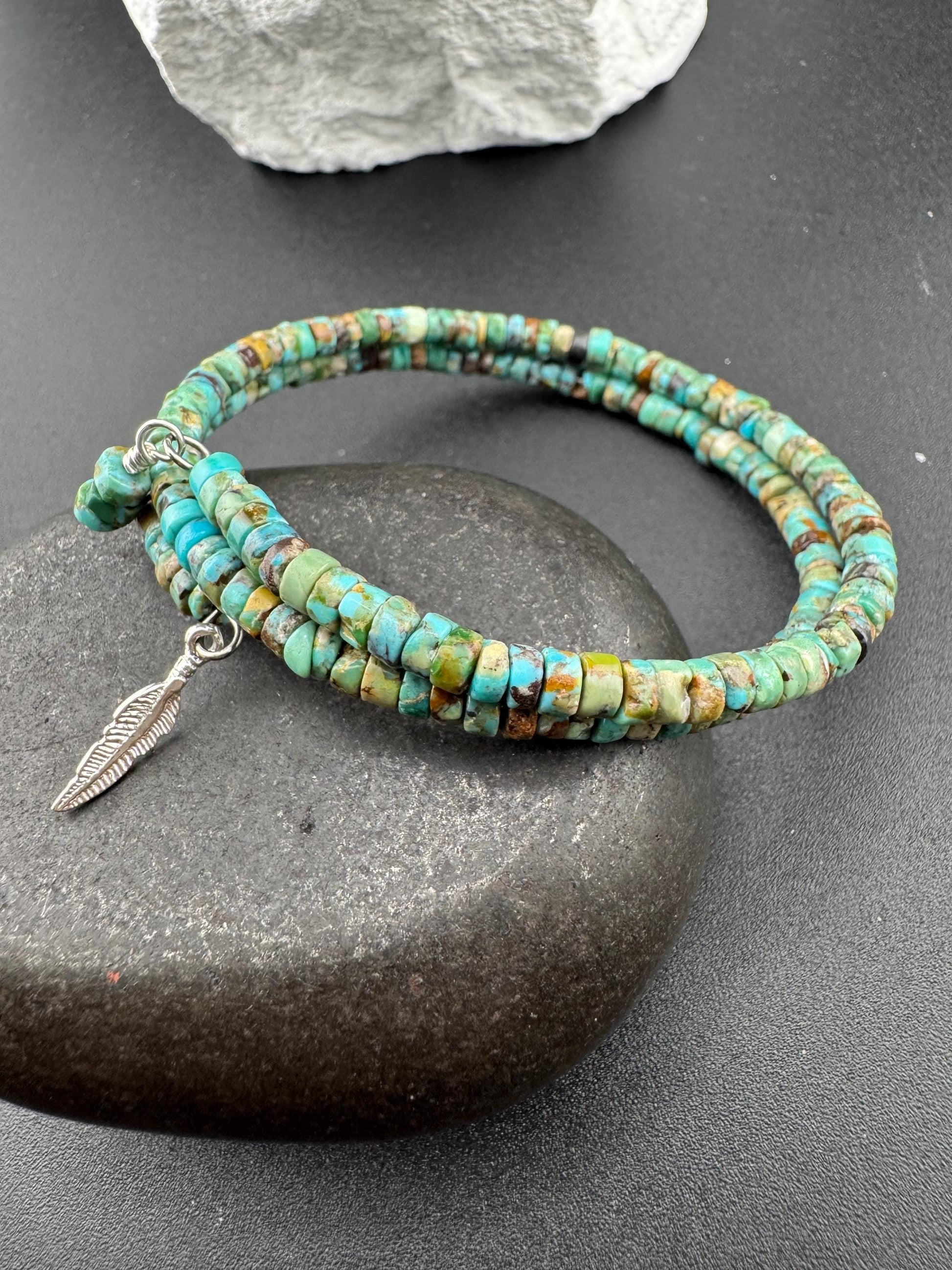 Turquoise Double Wrap Carbon Steel Memory Wire Bracelet, Sterling Feather Charm, Gemstone Jewelry, Stretch Bracelet
