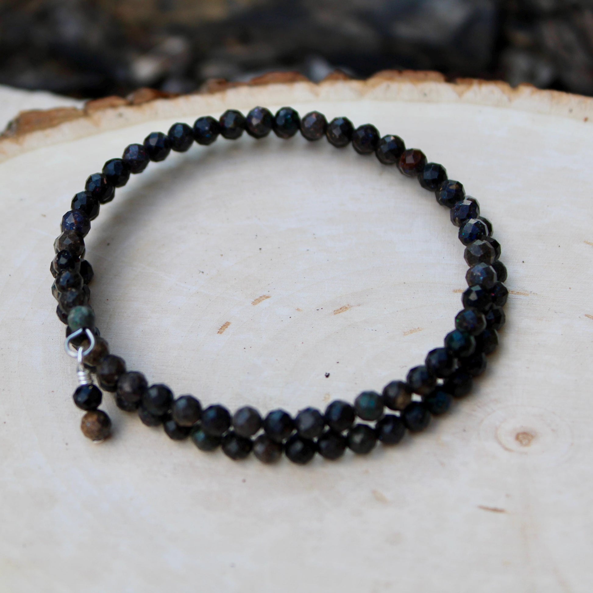 Australian Black Opal Double Wrap Carbon Steel Memory Wire Bracelet, Gemstone Jewelry, Stretch Bracelet