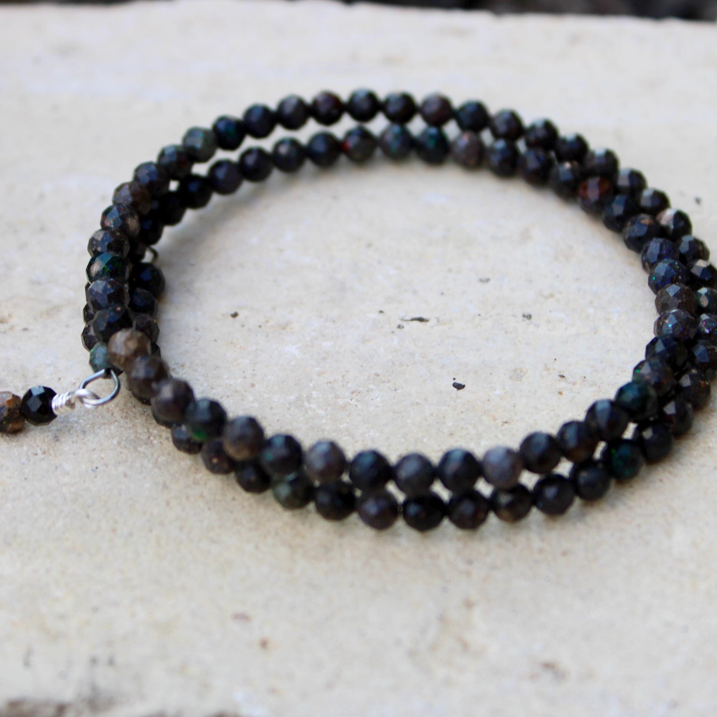 Australian Black Opal Double Wrap Carbon Steel Memory Wire Bracelet, Gemstone Jewelry, Stretch Bracelet