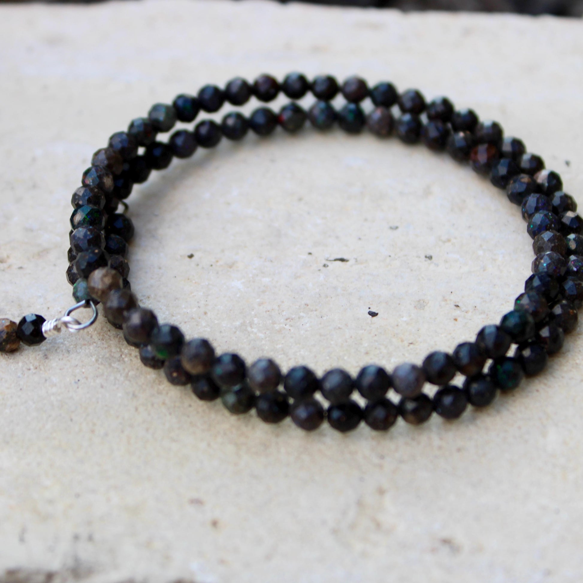 Australian Black Opal Double Wrap Carbon Steel Memory Wire Bracelet, Gemstone Jewelry, Stretch Bracelet