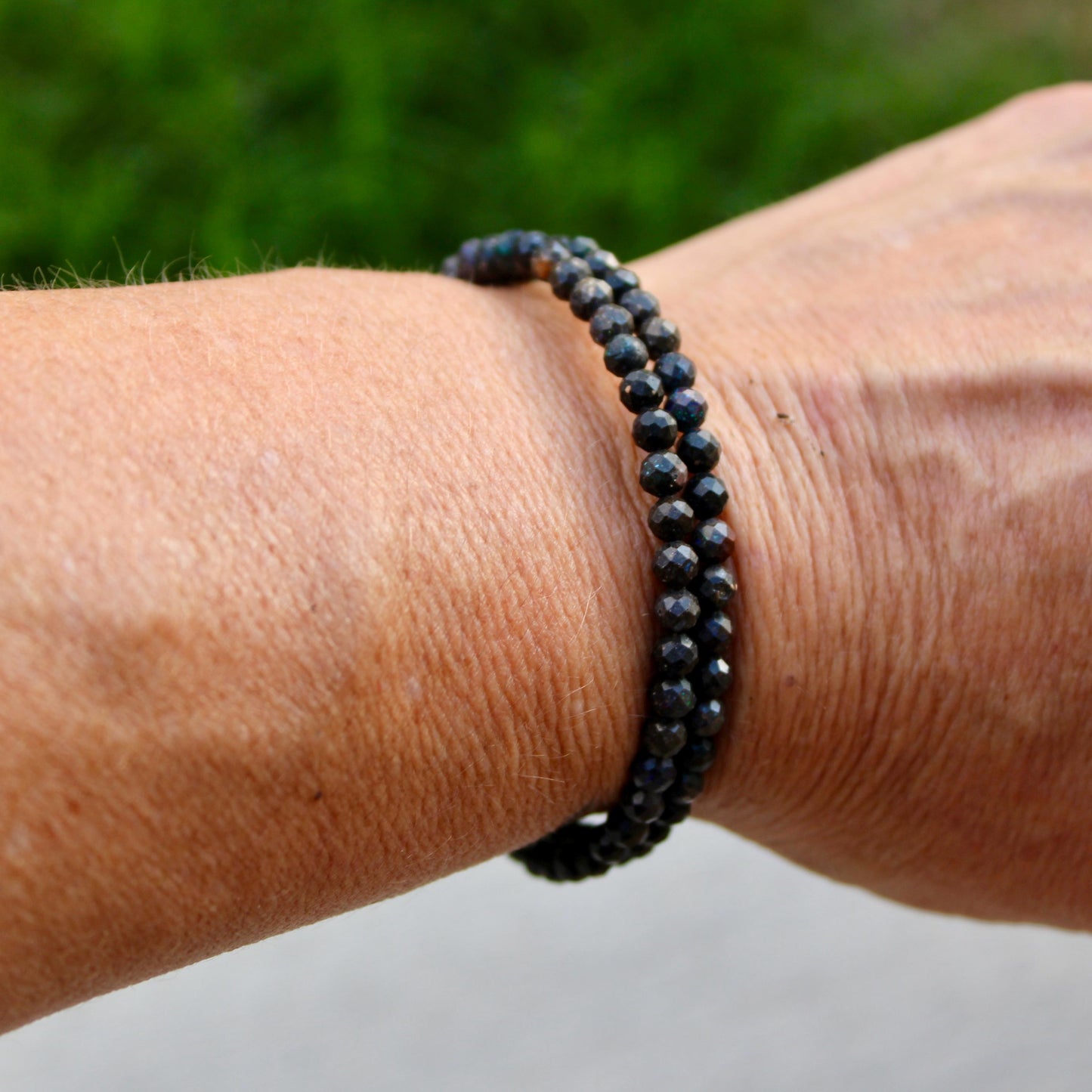 Australian Black Opal Double Wrap Carbon Steel Memory Wire Bracelet, Gemstone Jewelry, Stretch Bracelet