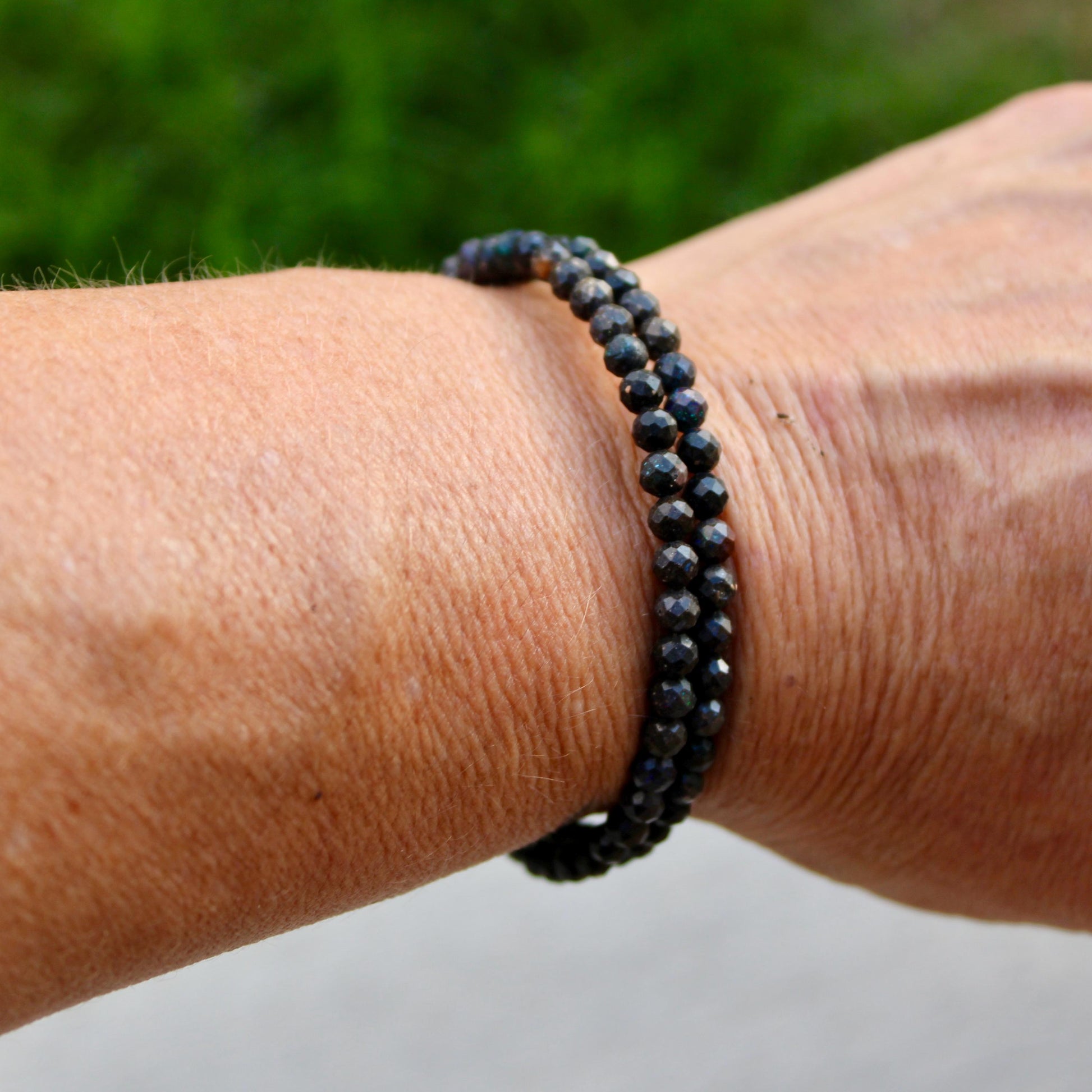Australian Black Opal Double Wrap Carbon Steel Memory Wire Bracelet, Gemstone Jewelry, Stretch Bracelet