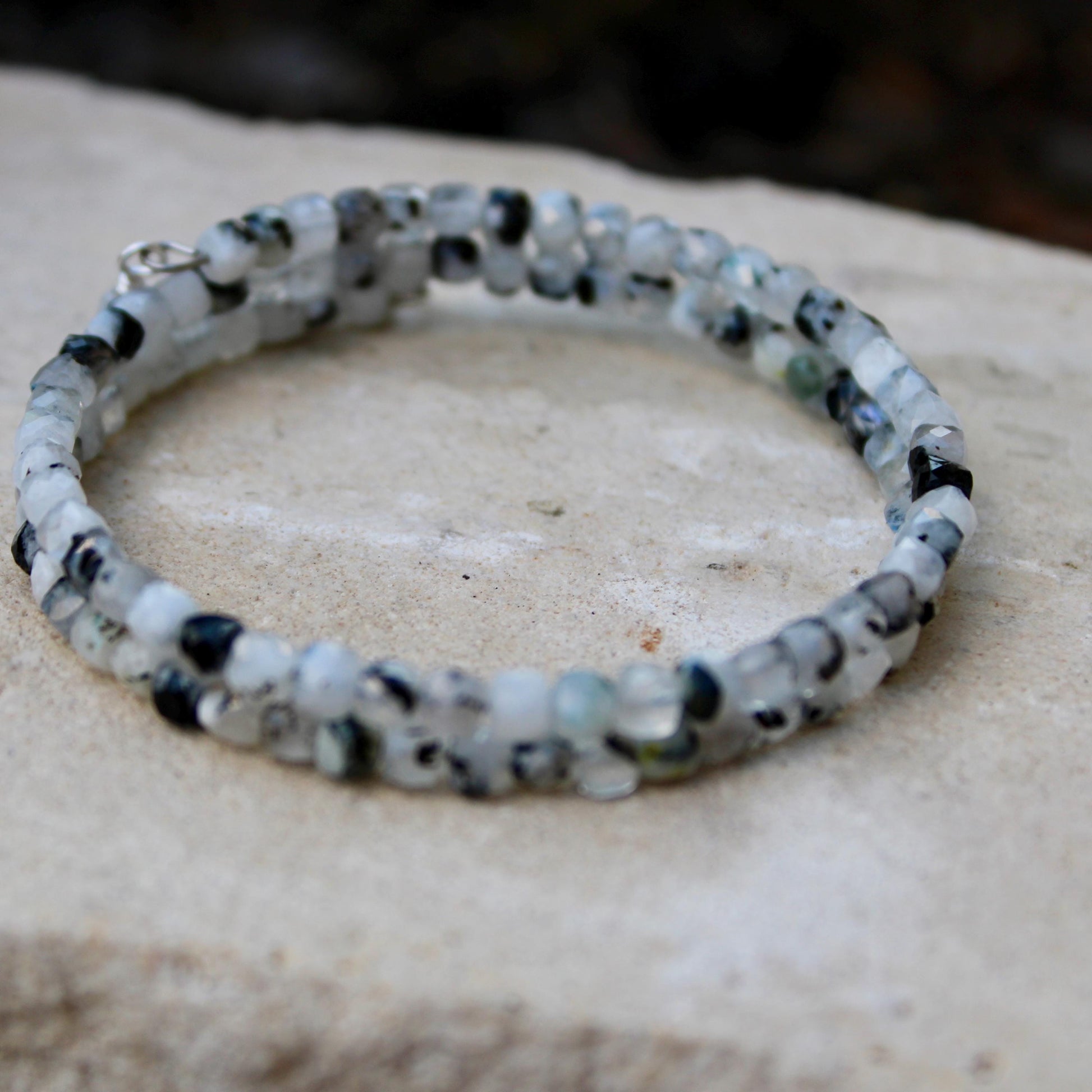 Rainbow Moonstone with Black Tourmaline Double Wrap Carbon Steel Memory Wire Bracelet, Gemstone Jewelry, Stretch Bracelet