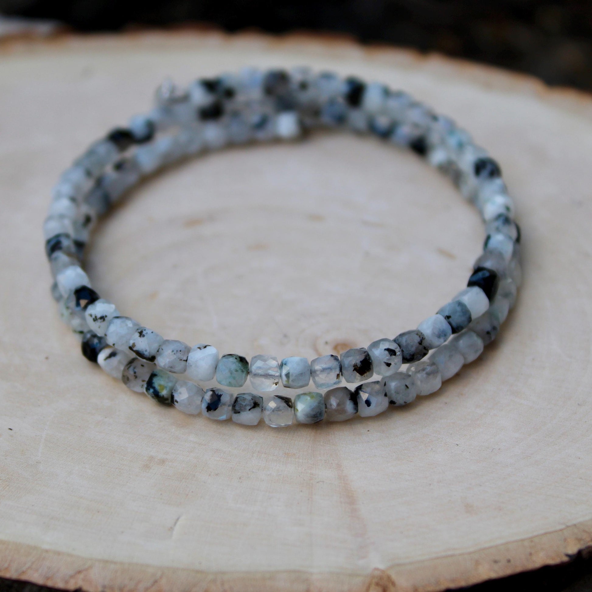 Rainbow Moonstone with Black Tourmaline Double Wrap Carbon Steel Memory Wire Bracelet, Gemstone Jewelry, Stretch Bracelet