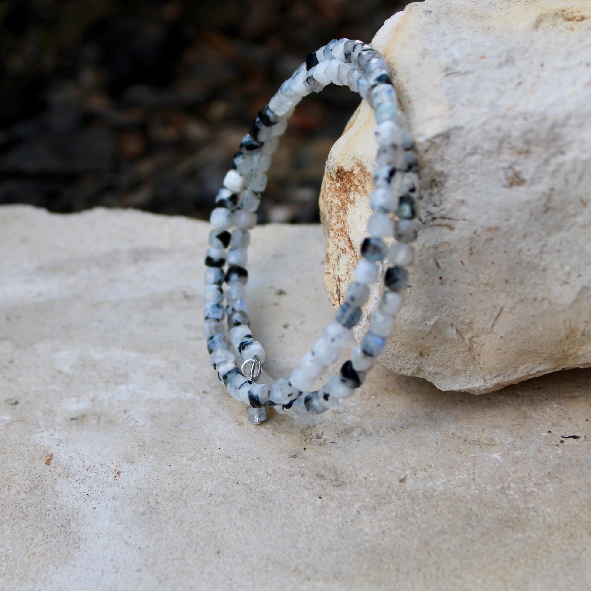 Rainbow Moonstone with Black Tourmaline Double Wrap Carbon Steel Memory Wire Bracelet, Gemstone Jewelry, Stretch Bracelet