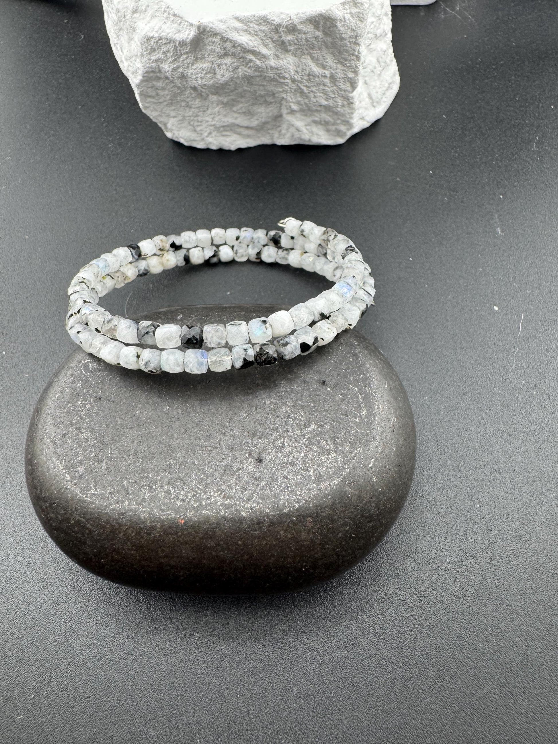 Rainbow Moonstone with Black Tourmaline Double Wrap Carbon Steel Memory Wire Bracelet, Gemstone Jewelry, Stretch Bracelet