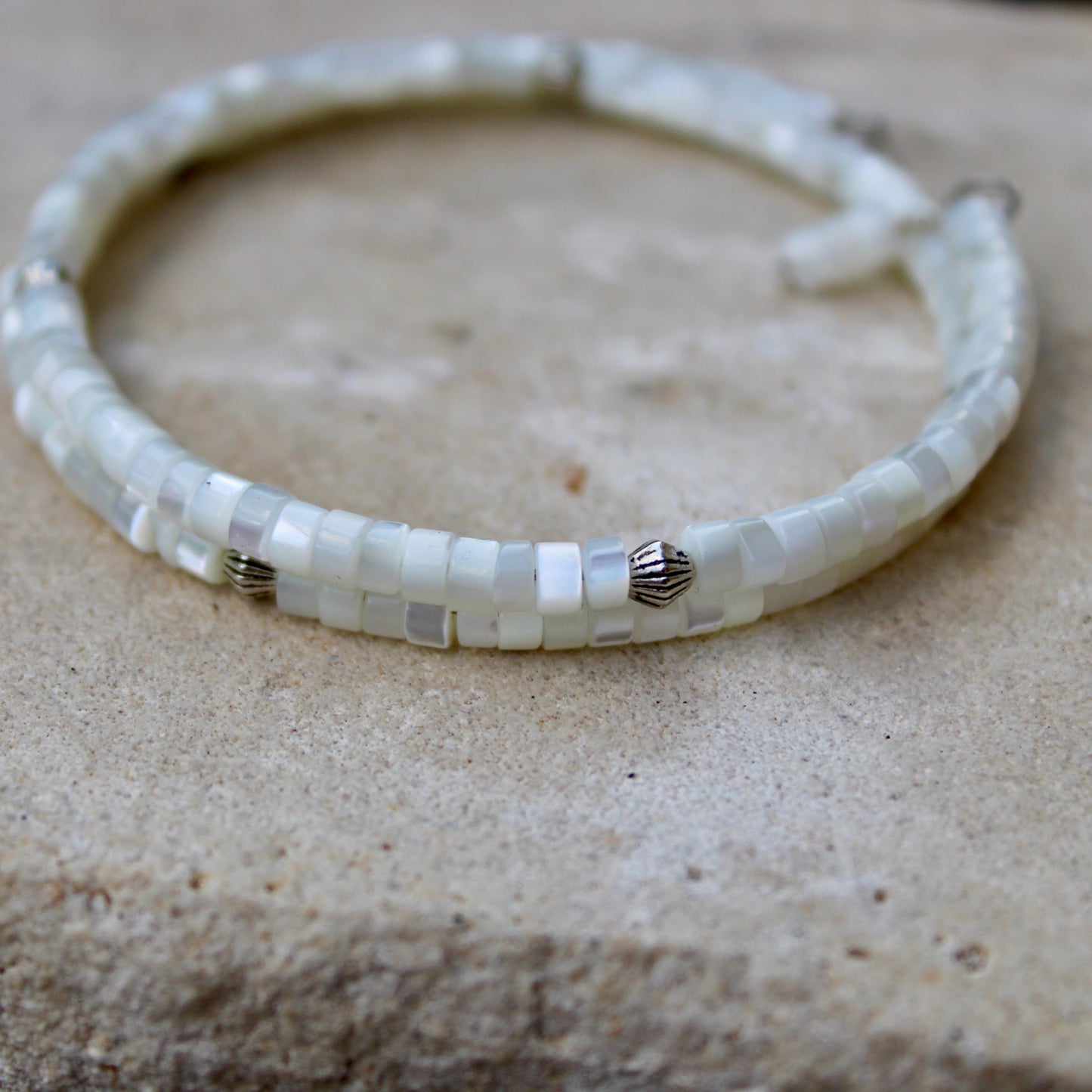 Mother of Pearl Bracelet, Double Wrap Carbon Steel Memory Wire Bracelet, Gemstone Charm Bracelet, Stretch Bracelet